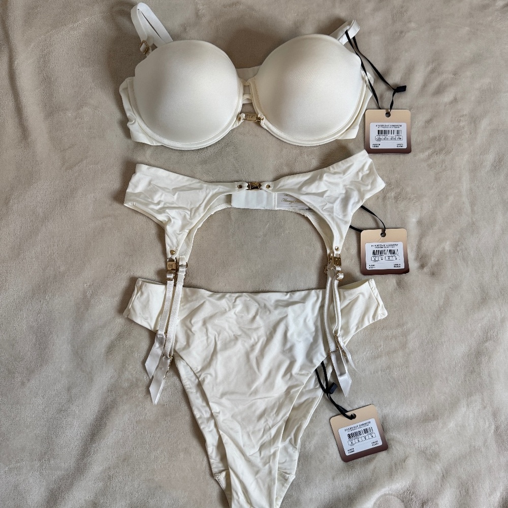 NWT Honey Birdette 3-Piece White Luxury Lingerie Set - size small 34DD